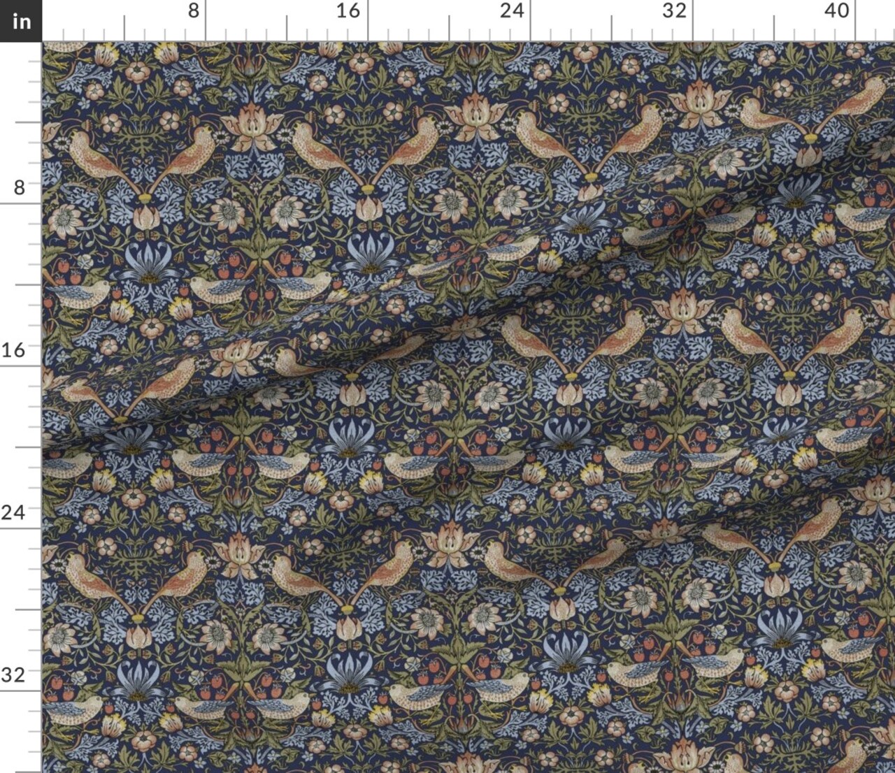 Victorian Floral Morris Inspired Arts And Crafts Damask Birds Art Nouveau Blue Green Custom Printed Fabric by Spoonflower Various Fabrics by the Yard or Fat Quarter